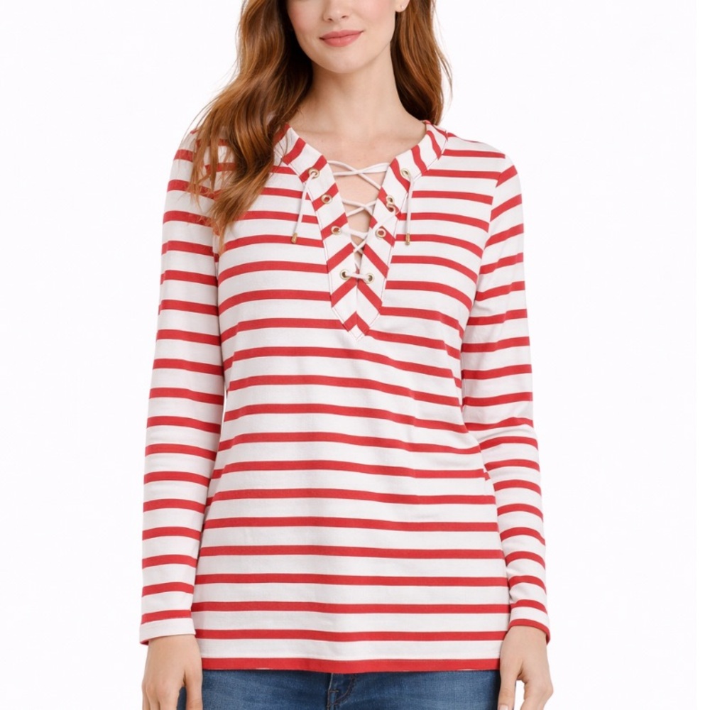 Kate Spade Nautical Coral & White Stripe Lace-Up Long Sleeve Top - Size Small